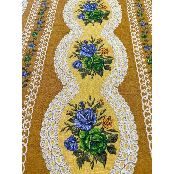 Vintage 60s curtain, orange striped, blue green yellow floral, semi-sheer panel - Picture 4 of 10